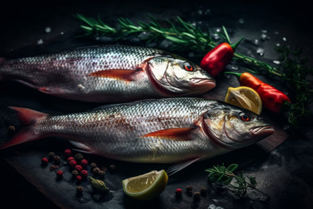Fresh fish with herbs and spices on a black background. Toned.の素材