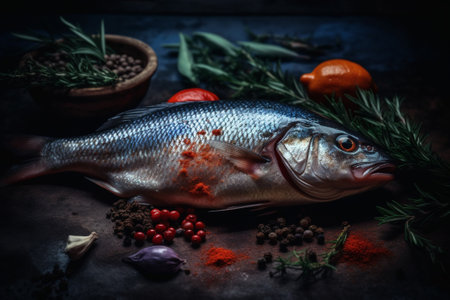 Fresh fish with herbs and spices on a dark background. Toned.の素材
