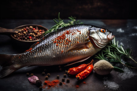 Fresh fish with herbs and spices on a dark background. Selective focus.の素材
