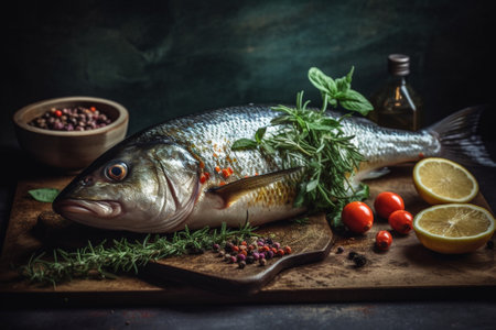 Fresh raw fish with herbs and spices on wooden board over dark backgroundの素材
