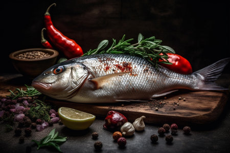 Fresh raw seabass fish with herbs and spices on dark backgroundの素材