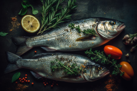 Fresh fish with herbs and spices on dark background. Toned.の素材