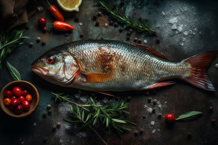 Fresh fish with herbs and spices on a dark background. Top viewの素材