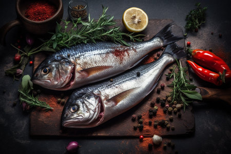 Fresh fish with spices and herbs on a dark background. Selective focus.の素材