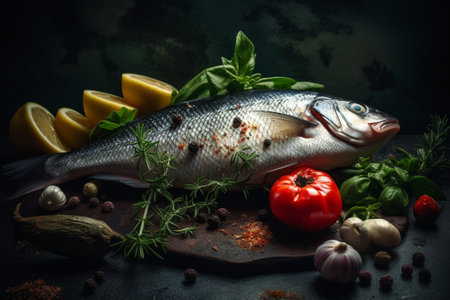 Fresh raw seabass fish with spices and vegetables on dark backgroundの素材