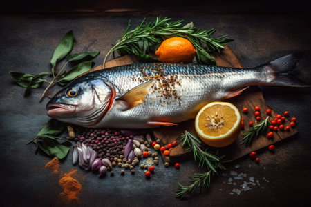 Fresh raw fish with herbs and spices on dark background, top viewの素材