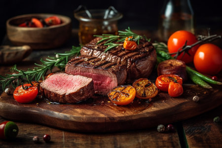 Grilled beef steak with rosemary and tomatoes on a wooden boardの素材