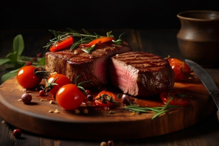 Grilled beef steak with rosemary and cherry tomatoes on wooden boardの素材