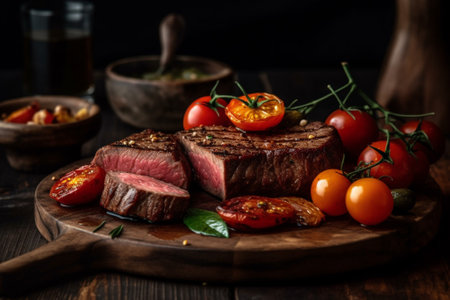 Grilled beef steak with cherry tomatoes and herbs on a wooden boardの素材