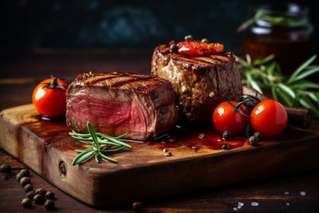 Grilled beef steak with herbs and spices on wooden cutting board.の素材
