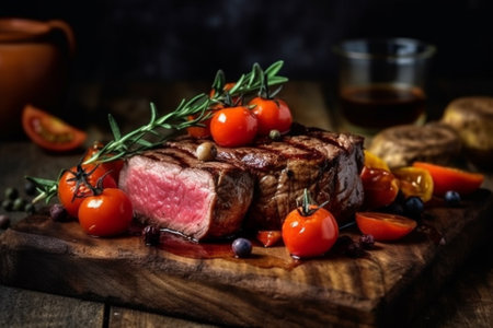 Grilled beef steak with cherry tomatoes and rosemary on wooden boardの素材