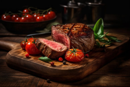 Grilled beef steak on wooden cutting board with cherry tomatoes and herbsの素材