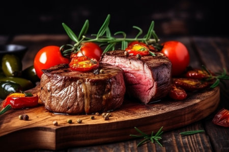 Grilled beef steaks with tomatoes and rosemary on wooden backgroundの素材