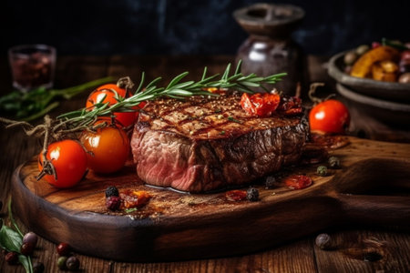 Grilled beef steak with rosemary and cherry tomatoes on wooden boardの素材
