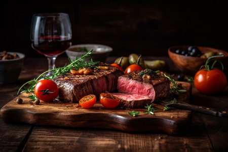 Grilled beef steak with vegetables and red wine on wooden table.の素材