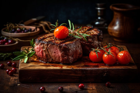 Grilled beef steak with cherry tomatoes and rosemary on wooden boardの素材