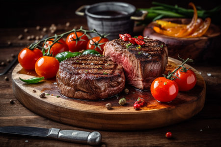 Grilled beef steaks with spices and vegetables on a wooden boardの素材