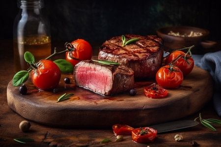 Grilled beef steak with cherry tomatoes and spices on a wooden board.の素材