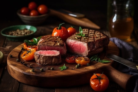 Grilled beef steak with tomatoes and herbs on a wooden table.の素材