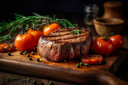 Grilled beef steak with rosemary and tomatoes on wooden cutting boardの素材