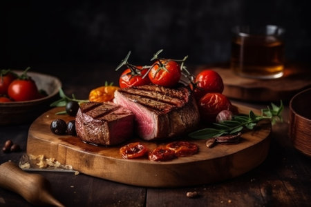 Steak with tomatoes and herbs on a wooden board, selective focus.の素材