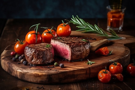 Grilled beef steak with rosemary and cherry tomatoes on wooden boardの素材