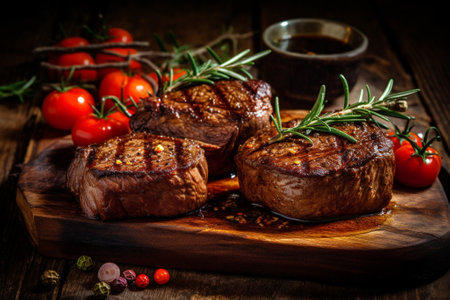 Grilled beef steaks with rosemary and cherry tomatoes on wooden boardの素材