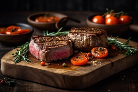 Grilled beef steak with tomato and rosemary on wooden board.の素材
