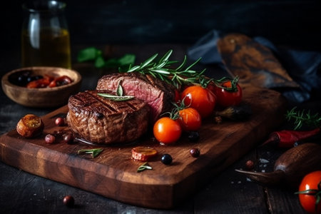Grilled steak with rosemary, tomatoes and olives on wooden boardの素材