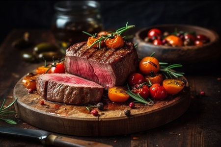 Grilled beef steak with cherry tomatoes and rosemary on wooden boardの素材
