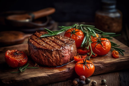 Grilled beef steak with tomatoes and rosemary on wooden cutting boardの素材