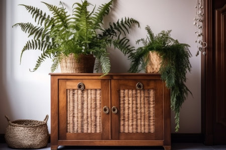 Vintage wooden chest of drawers in the room with fernsの素材