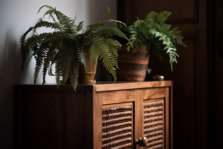 Wooden cabinet in the room with ferns in pots.の素材