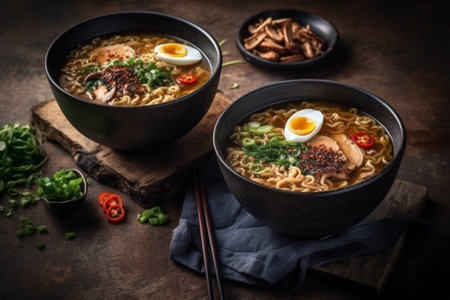 Ramen soup with chicken and egg in black bowl on wooden backgroundの素材