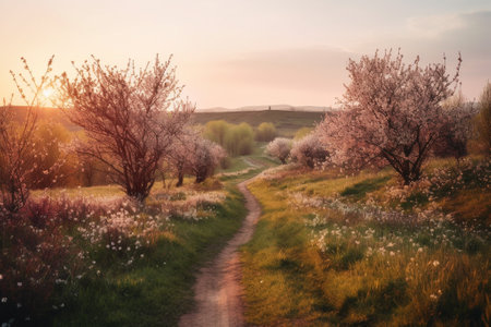 Beautiful spring landscape with blooming trees and path at sunset.の素材