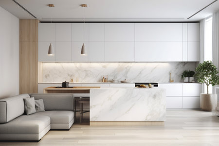 Corner of modern kitchen with white marble walls, wooden floor, white cupboards, beige sofa and cooker. 3d renderingの素材