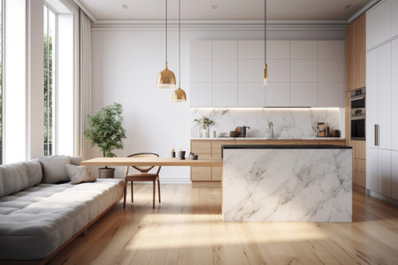 Modern kitchen interior with white marble walls, wooden floor, white cupboards, beige sofa and coffee table. 3d renderingの素材