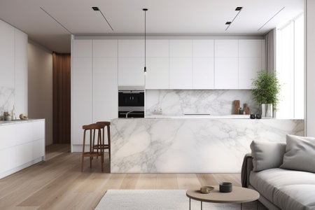 3d Illustration of white modern kitchen in a loft with marbleの素材