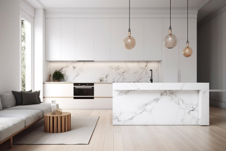 Corner of modern kitchen with white and beige marble walls, wooden floor, white countertops and white cupboards. 3d renderingの素材