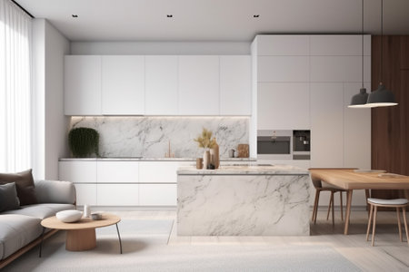 Interior of modern kitchen with white and wooden walls, wooden floor, white cupboards and gray countertops with built in sink and cooker. 3d renderingの素材