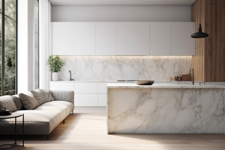 Interior of modern kitchen with white and wooden walls, wooden floor, white cupboards, gray sofa and coffee table. 3d renderingの素材