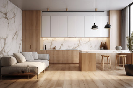 Interior of modern living room with white marble walls, wooden floor, white sofa standing near round coffee table with beige cupboards and gray sofa. 3d renderingの素材