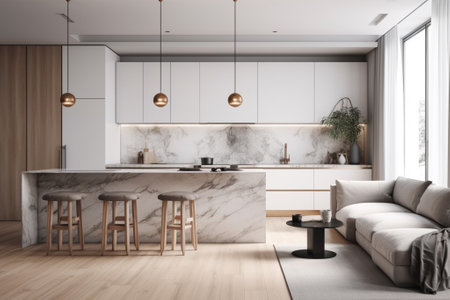 Interior of modern kitchen with white marble walls, wooden floor, white cupboards, gray sofa and wooden countertops. 3d renderingの素材