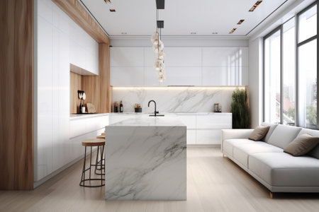 Interior of modern kitchen with white and wooden walls, wooden floor, white cupboards, white countertops with built in sink and cooker and sofa. 3d renderingの素材