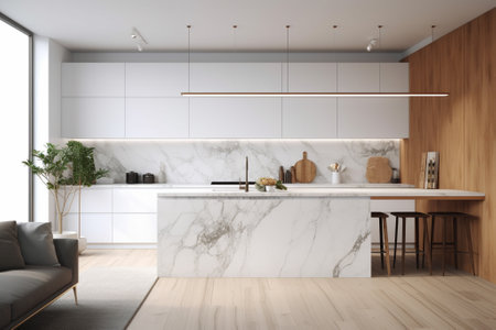 3d rendering white modern kitchen and dining room with white marble wallの素材