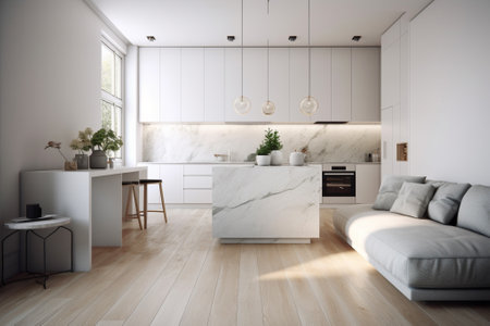 Modern kitchen with white walls, wooden floor, white cupboards and white countertops. 3d renderingの素材
