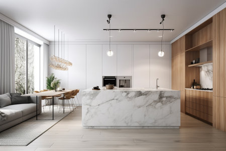 3d rendering white modern kitchen with marble countertop and dining roomの素材