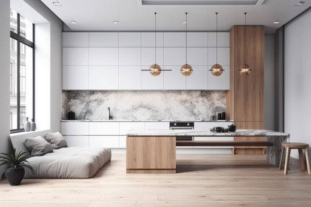 Interior of modern kitchen with white walls, wooden floor, white cupboards and built in cooker. 3d renderingの素材