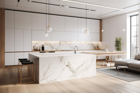 Corner of modern kitchen with white and wooden walls, wooden floor, white countertops with built in sink and cooker and bar with stools. 3d renderingの素材