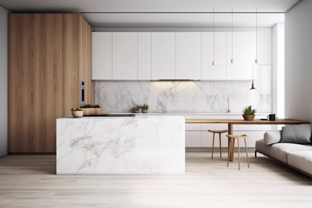 Corner of modern kitchen with white and wooden walls, wooden floor, white countertops and white cupboards. 3d renderingの素材